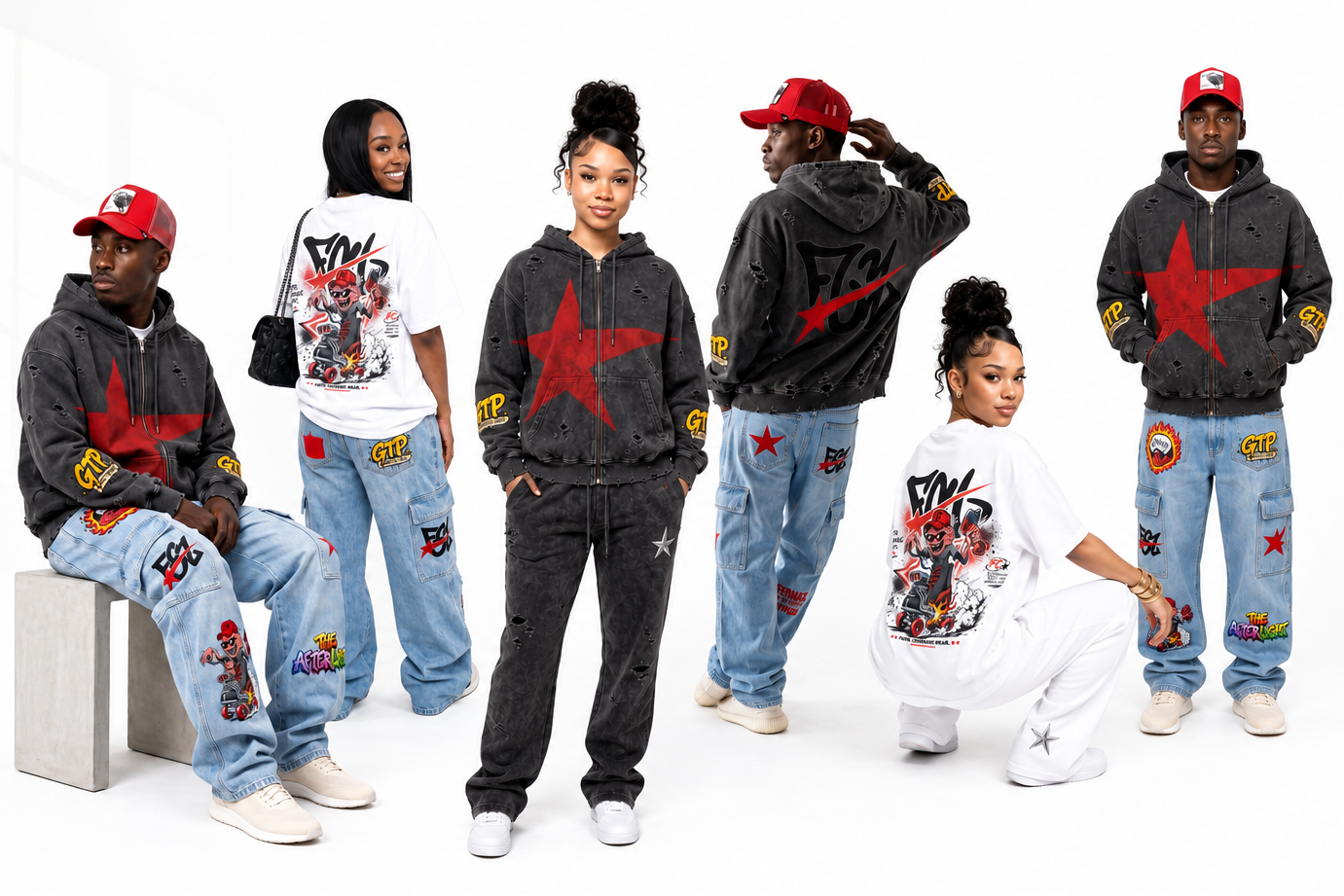 Six models wearing a coordinated streetwear collection from Off-White, featuring black and white hoodies with red star graphics, distressed blue jeans with colorful patches, and red caps, posed against a clean white studio background.